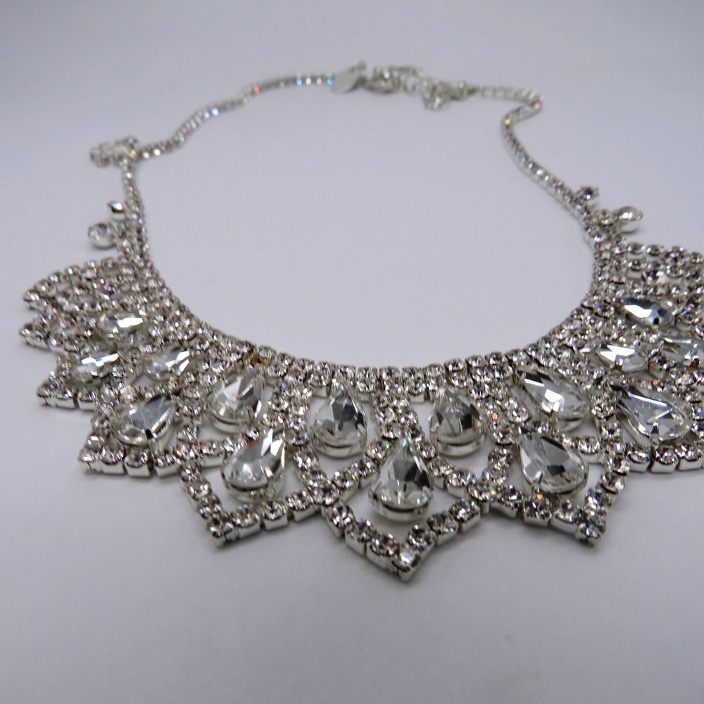 Charming Charlie Silver Tone Clear Rhinestone Teardrop Statement Necklace 17in